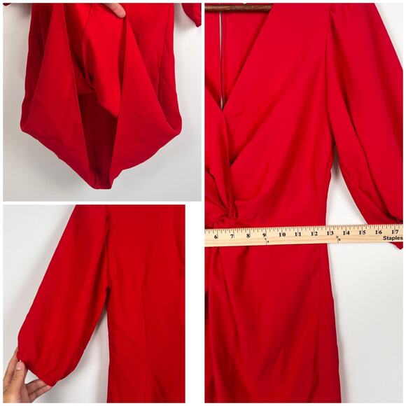 Amanda Uprichard Red Puff Sleeve Knot Front S Mini Dress Women's V-Neck Cocktail - Picture 4 of 9
